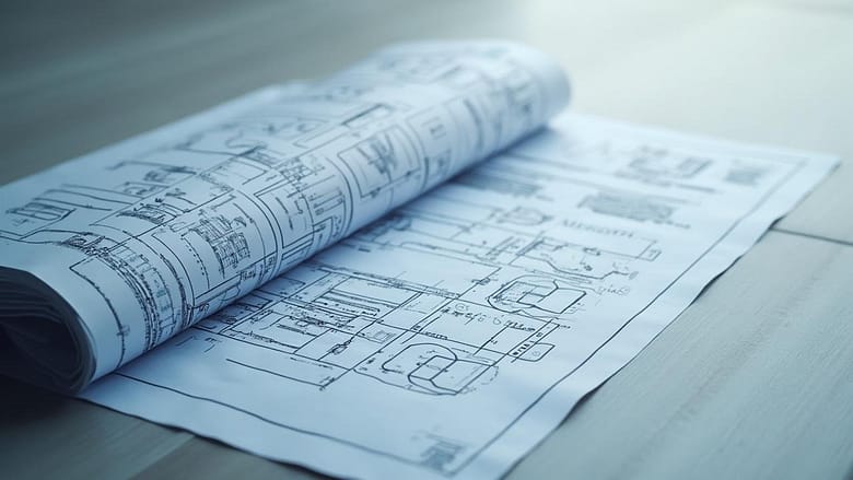 Rolled up blueprints and technical drawings on a desk