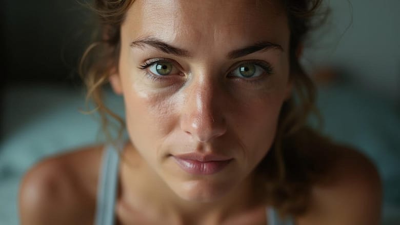 Close-up portrait of a woman with striking green eyes and a pensive expression.