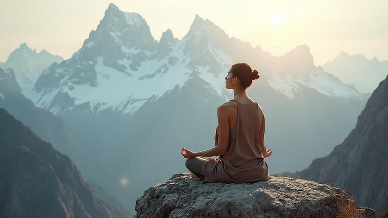 A woman sits in a lotus position on a rocky ledge overlooking snow-capped mountains.