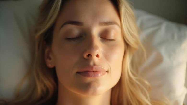 Close-up portrait of a young woman with her eyes closed, appearing serene and relaxed.