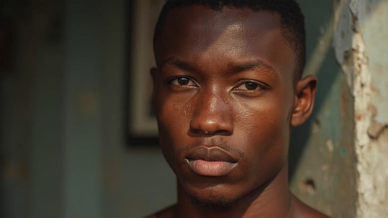 Close-up portrait of a serious-looking young African man with dark skin
