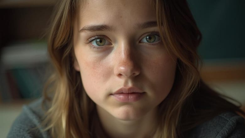 Close-up of a serious-looking young girl with blonde hair and green eyes