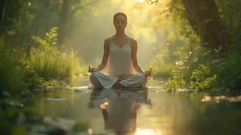 A person sitting in a meditative pose in a serene, natural setting.