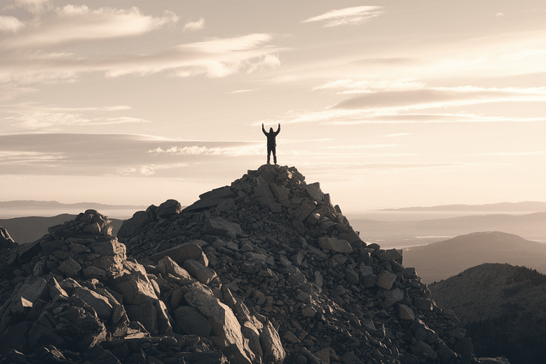 Effective personal development strategies visualized with a person reaching a mountain peak.