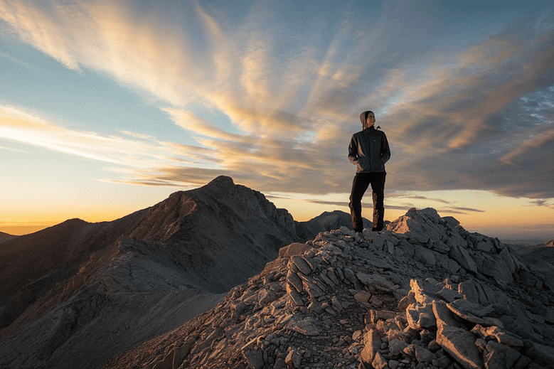 Person standing confidently on a mountain peak at sunrise, symbolizing resilience, mental toughness, and personal strength.