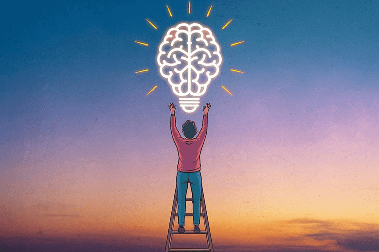 A vibrant illustration of a person standing on a ladder, reaching towards a glowing brain-shaped lightbulb in the sky, symbolizing personal growth and a growth mindset.