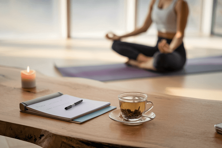 A serene workspace with a cup of herbal tea, a notepad, and a candle lit on the desk. A person sits cross-legged on a yoga mat in the background, practicing mindfulness with calm natural light streaming in through the window.