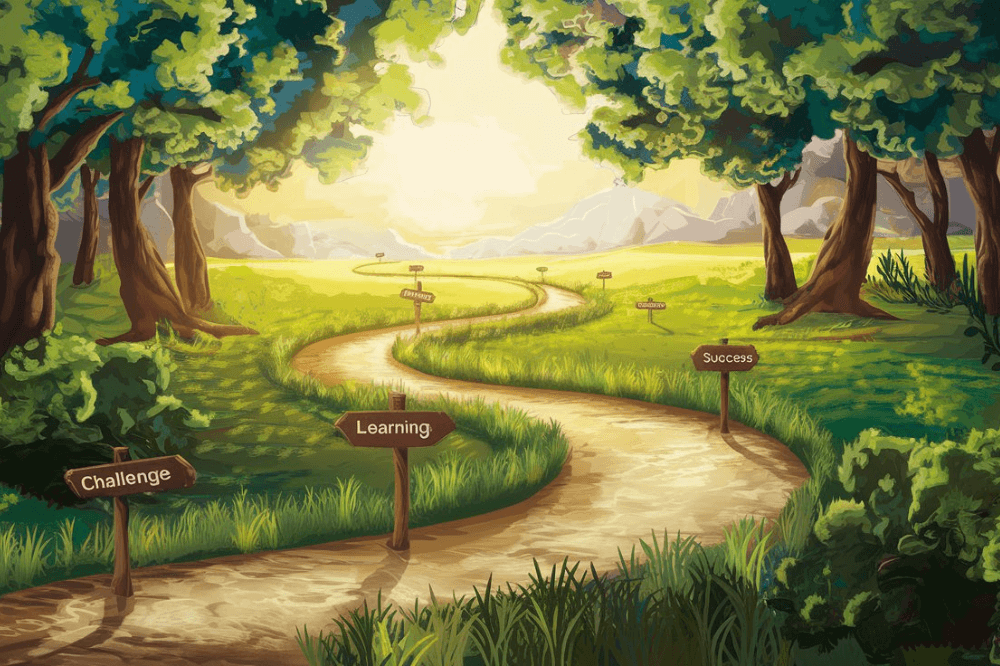 A concept art-style image showing a winding path through a lush, green forest leading to a bright open field, symbolizing the journey of personal growth.