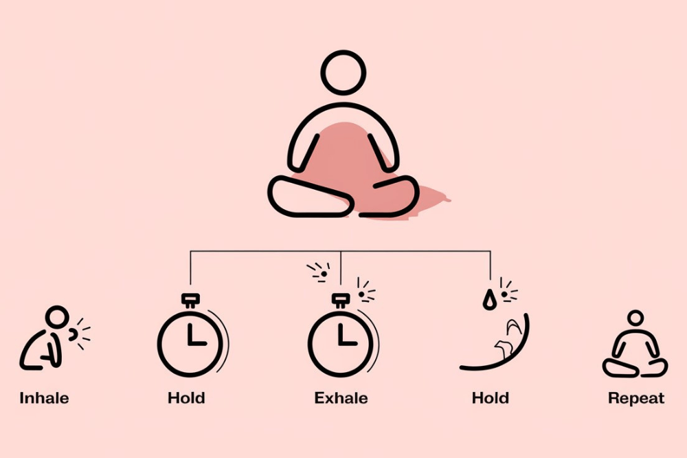 An infographic-style illustration showing a step-by-step guide to mindful breathing techniques, including box breathing and diaphragmatic breathing.