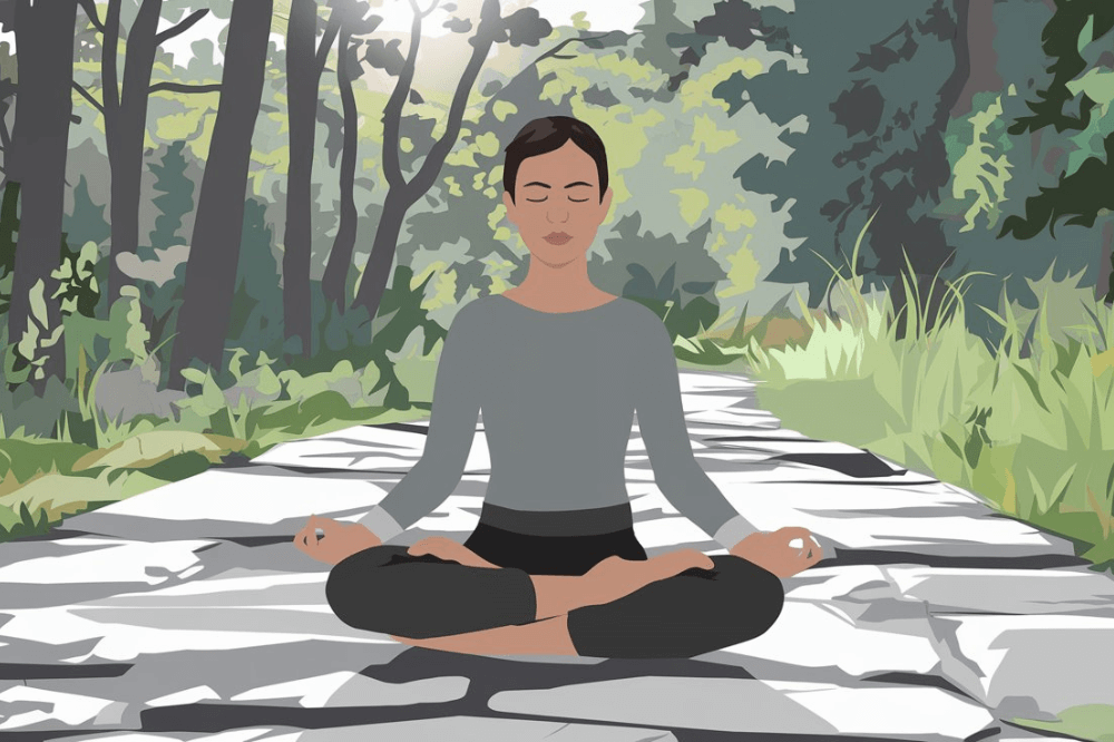 Person meditating on a forest path with sunlight streaming through trees, symbolizing mindfulness and mental resilience.