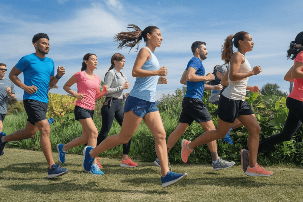 Group jogging outdoors to manage stress through adaptive coping mechanisms.