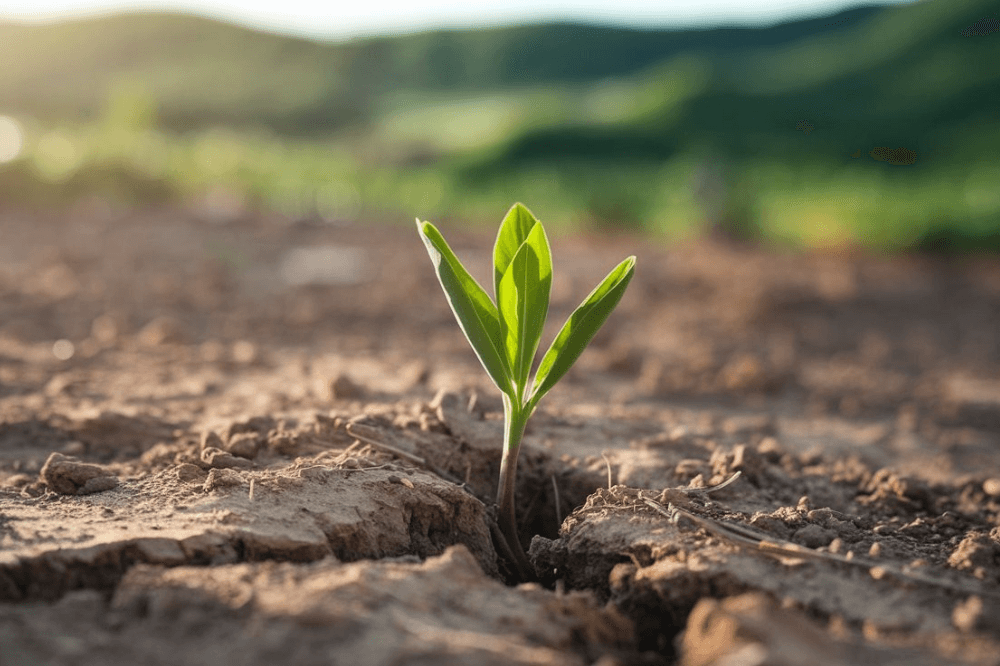 a young plant sprouting through cracks in dry soil, illuminated by soft sunlight.