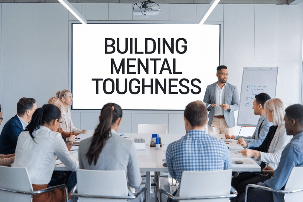 The setting is a bright and minimalistic conference room with a motivational trainer standing by a large whiteboard displaying the words "Building Mental Toughness"